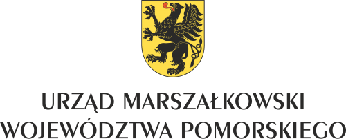 Logo województwa pomorskiego. Czarny gryf na żółtym tle.